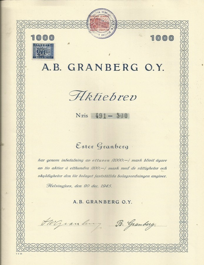 OKK 1945 Granberg Oy Ab, Helsinki osakekirja