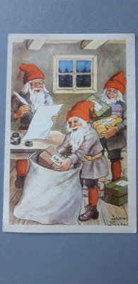 Vanha Jenny Nyström joulukortti, pukit kiireisinä,  v. 1949