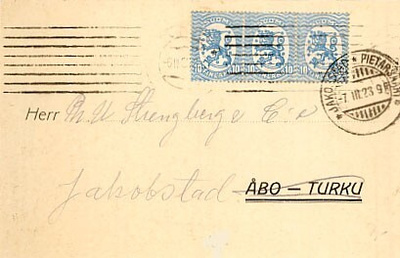 1921 10p sininen 3-rivilö postikortti