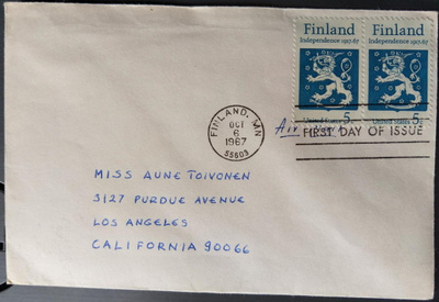 USA, Finland-merkkipari ja leima FDC-kuorella 1967