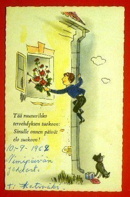 Poika kiipeää ruusukimpun kera  (K9)