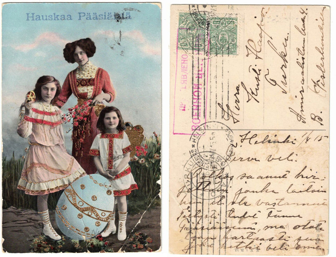 Vanha kortti, nainen ja tytöt, vuodelta 1915