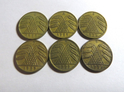 Saksa/Weimarin tasavalta reichspfennig 1929/ 6 erilaista