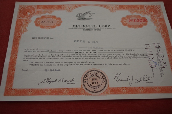 Osakekirja Yhdysvallat Metro-Tel Corp. 1973