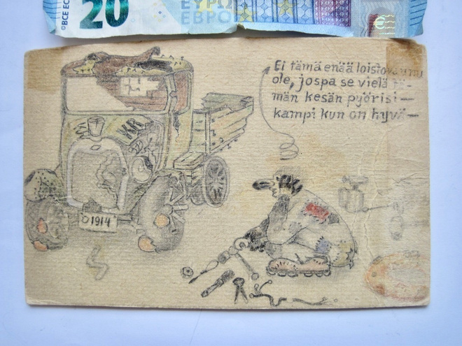 VANHA Postikortti Käsinpiirretty KIVA Auto 1920-l