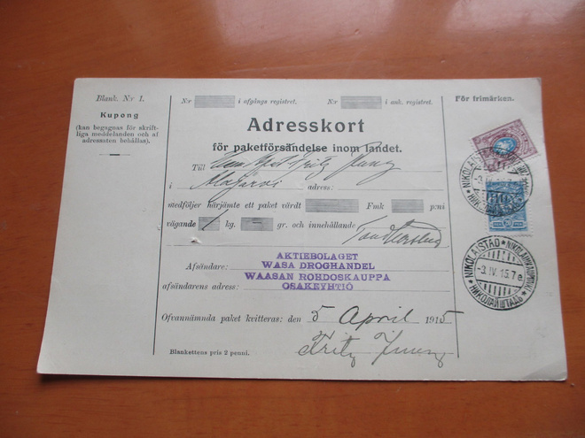 1915 Vaasa  pakettikortti os Alajärvi