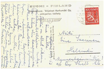 1952 postikortti - Velj.Karhumäki ilmavalkuva Tampere