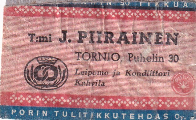 Tornio. T:mi J. Piirainen , Tulitikkuetiketti.  s102