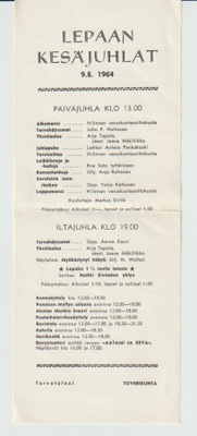 OHJELMA, LEPAAN KESÄJUHLAT  9.8.1964