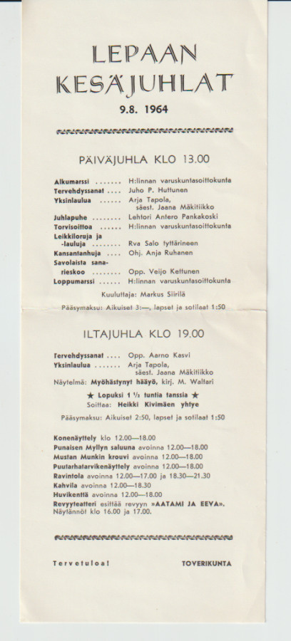 OHJELMA, LEPAAN KESÄJUHLAT  9.8.1964