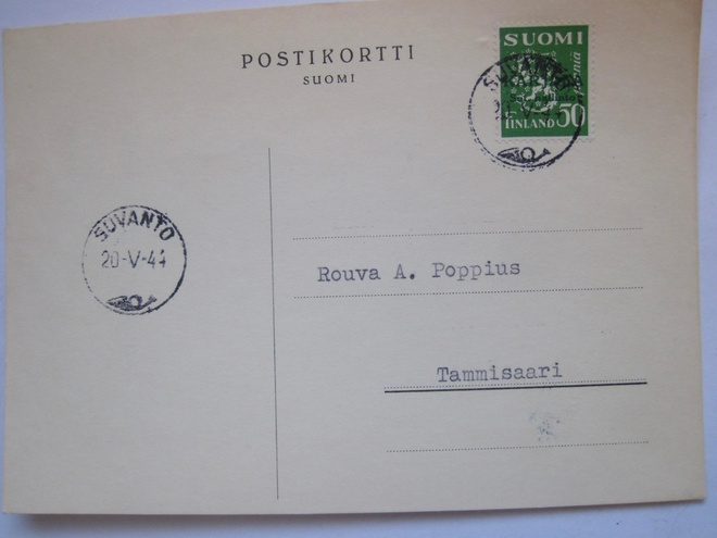 Postikortti Itä-Karjala Sot.Hallinto Suvanto Leima 1944