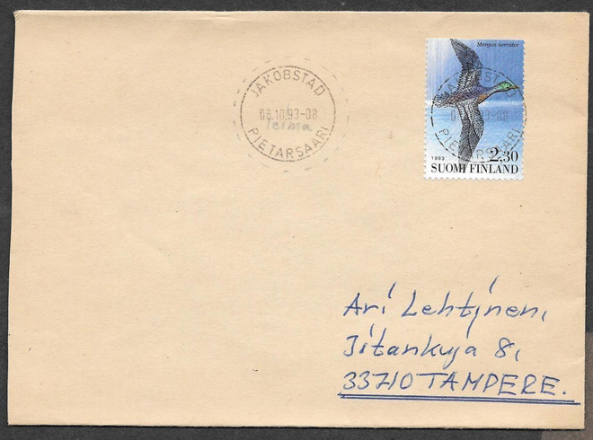 Postilähetys - Lintu (LAPE 1222) Jakobstad 8.10.1993