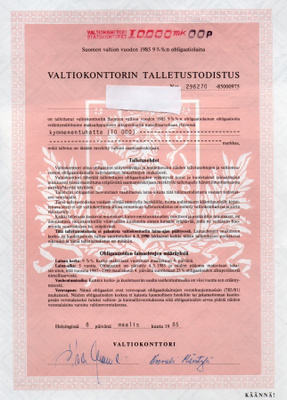 Valtiokonttorin talletustodistus vuodelta 1985