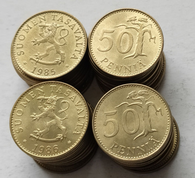 50 penniä v. -85 ja -86, 40 kpl, circ
