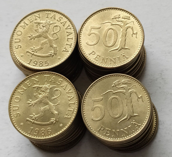 50 penniä v. -85 ja -86, 40 kpl, circ