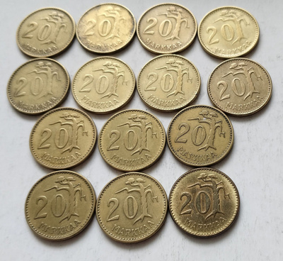 20 mk v. 1952-1962, yht 14 kolikkoa, circ