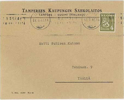 M30 1945 4 mk oliivi paikalliskirje TAMPERE