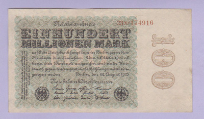 Saksa 100 Millionen Mark Reichsbanknote v.1923 P-107a