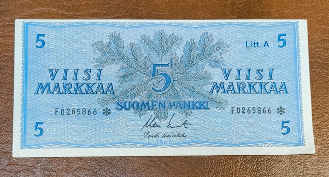 5 markkaa v. 1963 Litt.A, F-tähti, vain 75 000 kpl