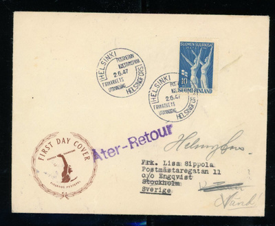 FDC 1947 Suurkisat  leimaa ja tarraa jos jonkinlaista