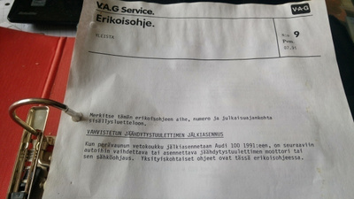 Ohje AUDI 100 vahvistetun jäähdytystuulet. jälkiasennus.