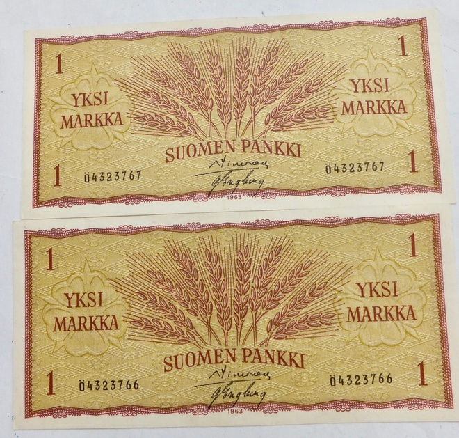 2 Seteliä 1 mk 1963 Ö-sarja Pakkasilet Numerot Peräkkäin