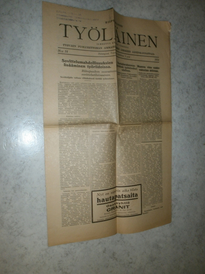 Sanomalehti Riippumaton Työläinen, N:o 14, 9.4.1931