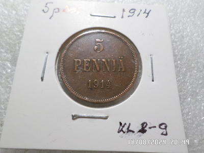 5 penniä 1914tasaisesti ptinoitunut kl 8-9 Rahakehykses