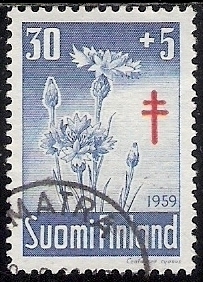 1959 TUB merkki Ruiskaunokki 30 + 5 mk leimattu LaPe 511