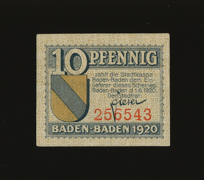 Saksa Notgeld 10 Pfennig, Baden-Baden 1920