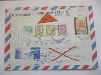 1984 Hki palautunut Ruotsin postiennakko