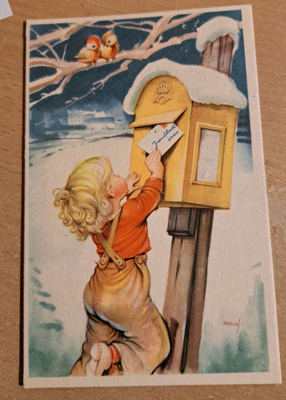 Artelius: lapsi postilaatikolla, kulk. 1950