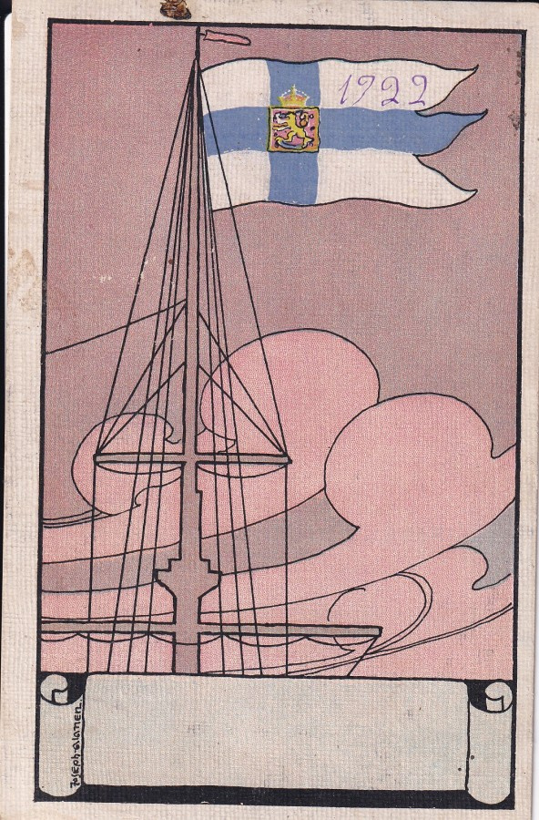 Joseph Alanen. Laiva, masto, Suomen lippu. Wanhakortti, b601