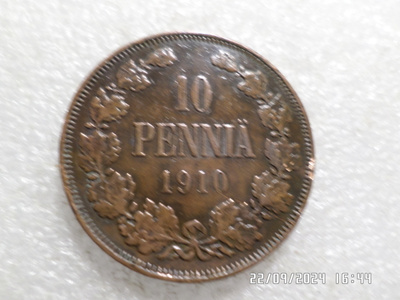 10  penniä  1910  kulkematon  , tasaisesti  patinoitunut .