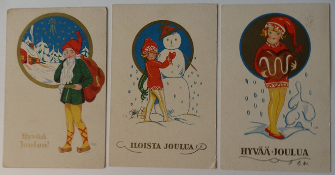3 kpl Joulukortteja, piirt. Margit Broberg 1920-lukua