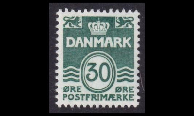 Tanska 456 ** Aaltoviiva 30 öre sinivihreä (1967)