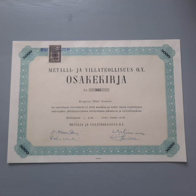 osakekirja Metalli- ja Villateollisuus 1949, leimamerkki