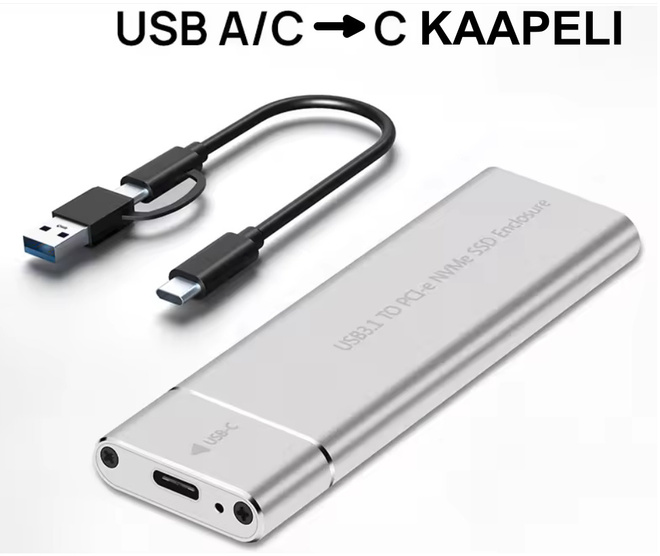 Hopeanvärinen M.2 NVMe SSD -kotelo USB 3.0 / Type C #32255