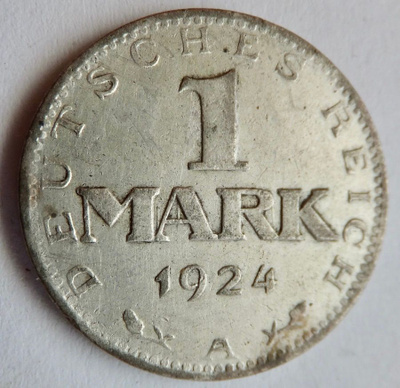Saksa 1 mk 1924 Hopeaa HYVÄ