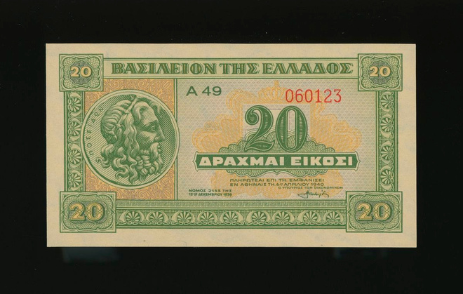 Kreikka 20 Drachmai 6.4.1940, P315 UNC