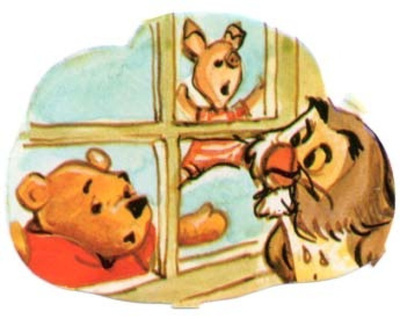 EO 9006 / DISNEY: Nalle Puh ja Nasu pöllön ikkunan takana.