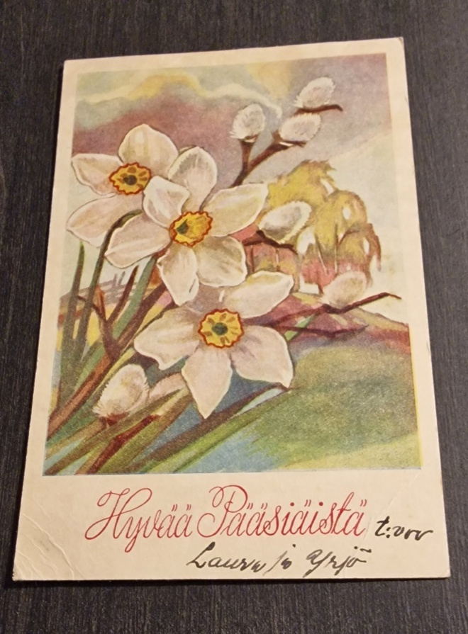 Vanha pääsiäiskortti + postimerkki, kulkenut postikortti