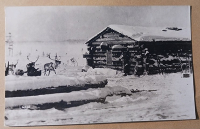 Lappi, ajoporot ja lappilainen tuvan nurkalla 1932, ei p.