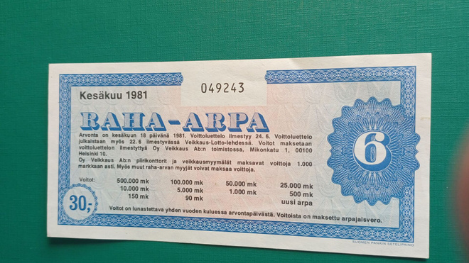 SUOMI   Raha  arpa Kesäkuu 1981  katso ..