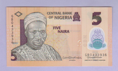 Nigeria 5 v.2021 UNC P-38 (Polymer) harv. siirtymä painossa