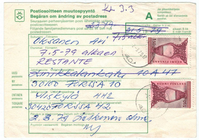 1976 1,50 mk kousa 2 kpl osoitteen muutospyynnöllä