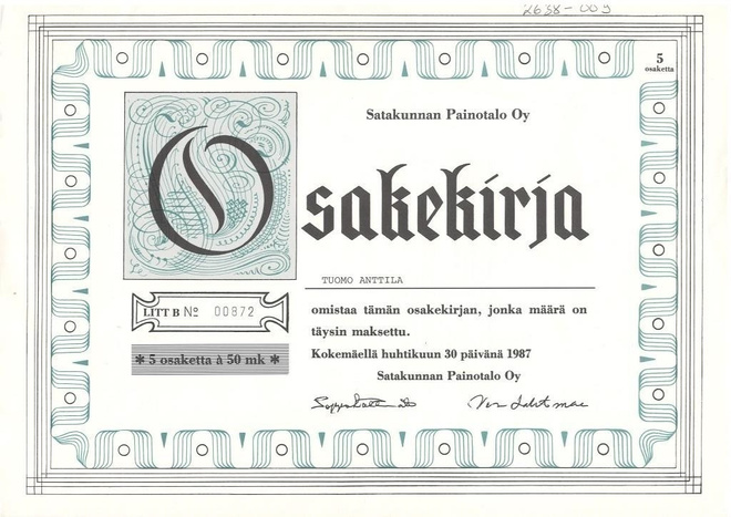 OKK 1987 Satakunnan Painotalo Oy, Kokemäki osakekirja