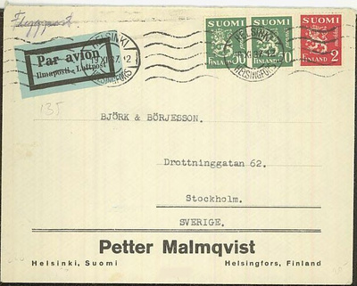 M30 1937 lentokirje Ruotsiin - firma Petter Malmqvist