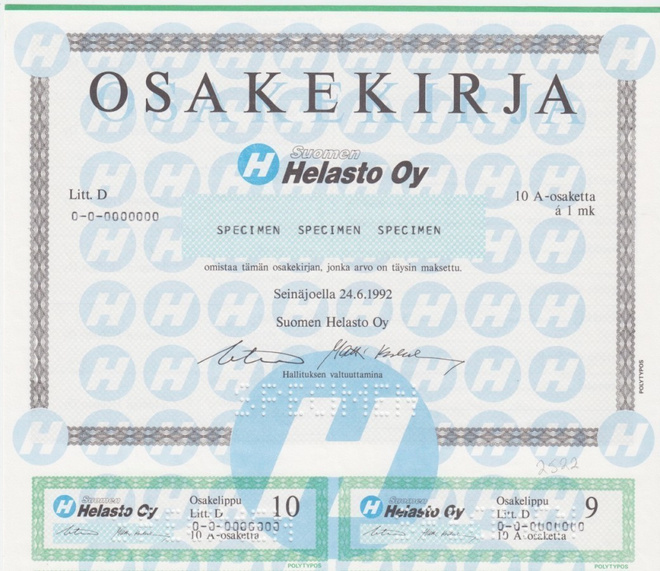 OKK 1992 Suomen Helasto Oy spec, Seinäjoki pörssi osakekirja