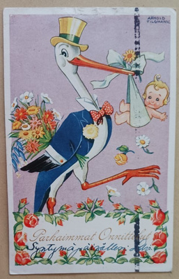 Tilgmann: Haikaraherra tuo vauvan taloon kera kukkien, 1942
